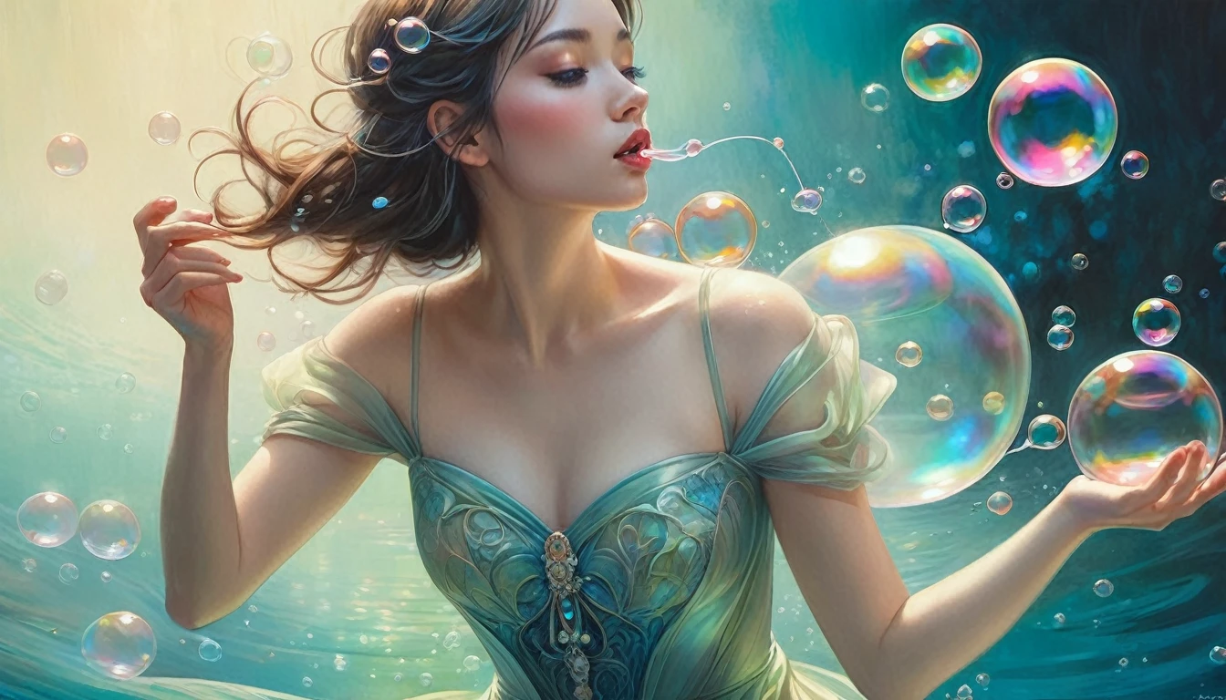 A painting of a woman in a dress blowing bubbles, Roysh and Wow, Mysterious Bubbles, Moebius + Roysh + Wow, Dreamy details, intricate Wow, A close-up fantasy using the magic of water, fairy tale artwork, Fairy tale painting, Anna Dittmann style, Wow art, Realistic fantasy painting, Artgerm Julie Bell Beeple