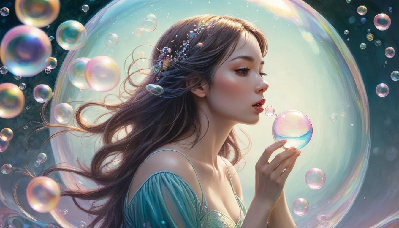 A painting of a woman in a dress blowing bubbles, Roysh and Wow, Mysterious Bubbles, Moebius + Roysh + Wow, Dreamy details, intricate Wow, A close-up fantasy using the magic of water, fairy tale artwork, Fairy tale painting, Anna Dittmann style, Wow art, Realistic fantasy painting, Artgerm Julie Bell Beeple