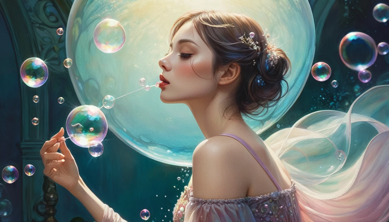 A painting of a woman in a dress blowing bubbles, Roysh and Wow, Mysterious Bubbles, Moebius + Roysh + Wow, Dreamy details, intricate Wow, A close-up fantasy using the magic of water, fairy tale artwork, Fairy tale painting, Anna Dittmann style, Wow art, Realistic fantasy painting, Artgerm Julie Bell Beeple