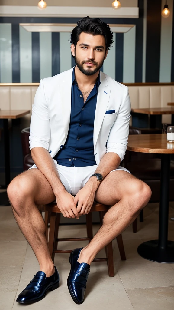 A handsome and sexy man wearing a casual white short and blue suit,and formal pan, black shoes , he has gorgeous face,and stylish black hair, and short beard, he is sitting in a cafe, homoerotic, nsfw ,open legs, alluring pose, exposed crotch bulg