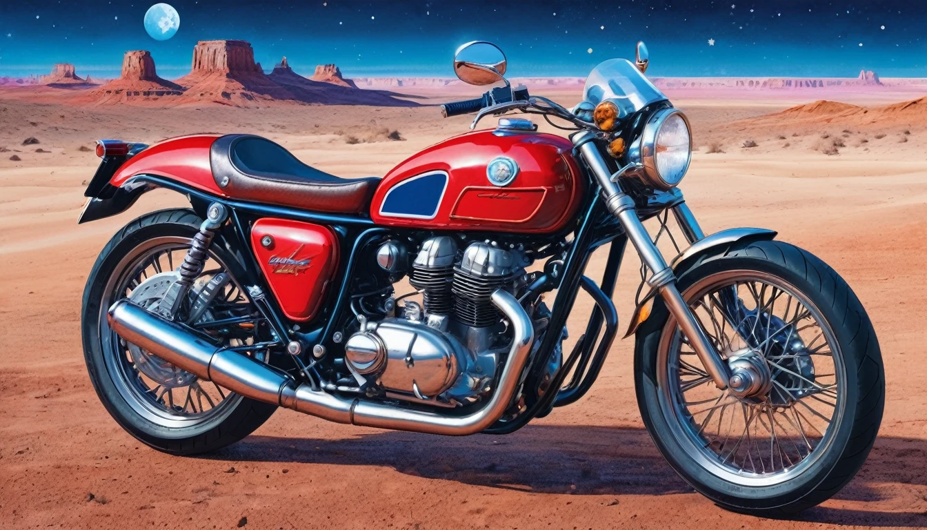 (masterpiece), (Highest quality), (The finest details), (Overall view of the distant view), (Postage stamps),(The main color of the illustration: Bright Saturated Red), (Secondary Color: lapis lazuli), A red cafe racer bike driven by a woman in a rebellious pose, very detailed chassis, Futuristic Western Landscape, night (Many Stars, moon), shading (detailed, Very contrasting), Very saturated pulp colors
