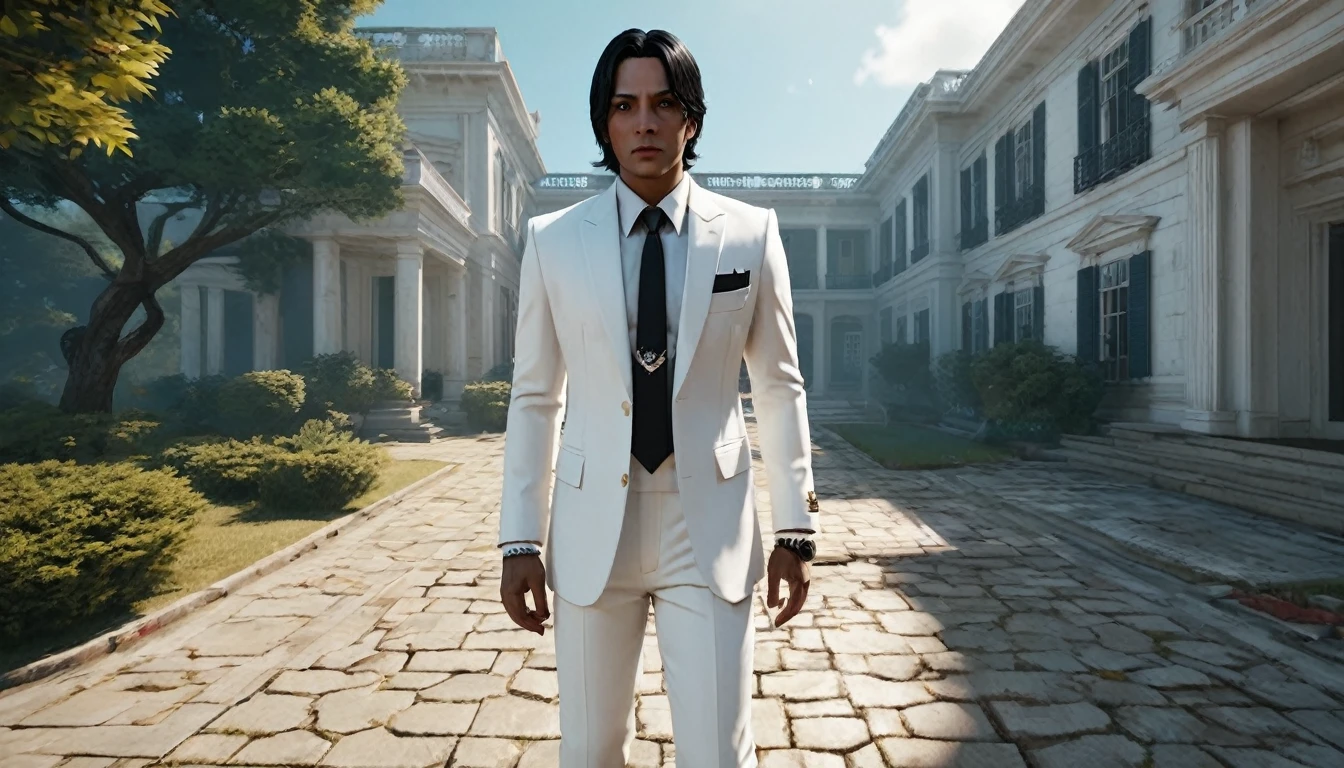 Thriller, Stormy, A mysterious agent wearing a white suit and with a scar on his face。May disappear from the minimap for a few seconds。, Mansion with traps and enemies in Free Fire, 16K, dark
