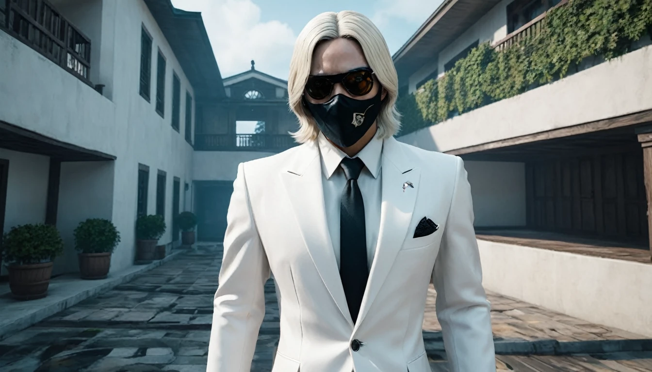 Thriller, Stormy, A mysterious agent wearing a white suit and with a scar on his face。May disappear from the minimap for a few seconds。, Mansion with traps and enemies in Free Fire, 16K, dark