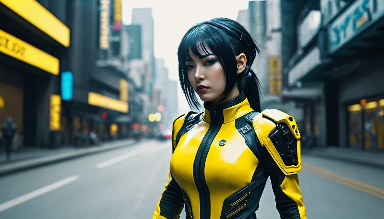 (yellow cyber punk speed tactical suit:1) (1 Female) Dark Theme :: Focus on close-up face, Serious face, Civetik visor, :: Medium Black Hair, Thick thighs :: ultra realistic futuristic speedster scifi cyber punk athletic woman, Iris, ((Run down the middle of the road while emitting yellow rays, cyber punk, Shadowrun, scifi high tech cyber punk)) :: cool cyber punk yellow speed combat suit :: Natural light :: Bokeh :: 8k ::  Highest quality :: masterpiece :: Very detailed:1.5