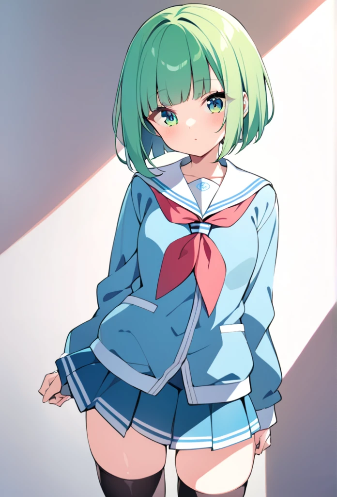 1 girl, cute, young, green hair, bob haircut, green eyes, sailor uniform, mini skirt, hoodie, thigh high,
