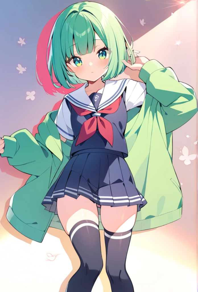 1 girl, cute, young, green hair, bob haircut, green eyes, sailor uniform, mini skirt, hoodie, thigh high,