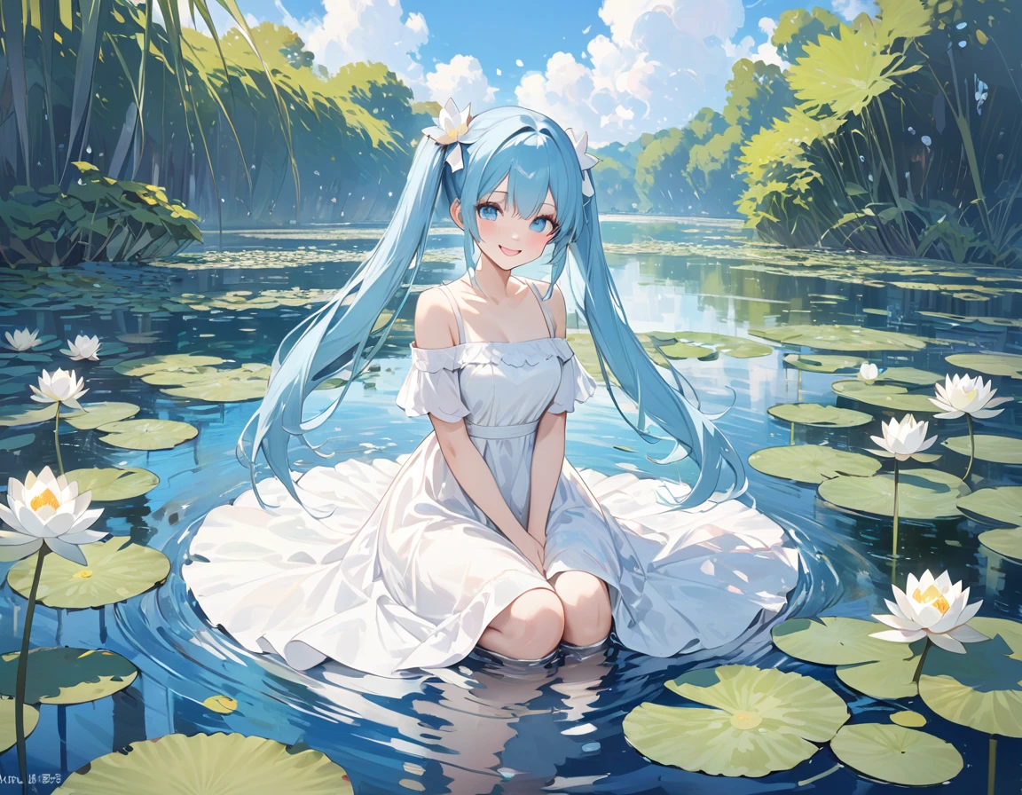 Light blue long hair,Beautiful girl with twin tails、water.water lily(many, Impressionism, oil)、White Dress、Bright smile、Masterpiece、Blue Sky