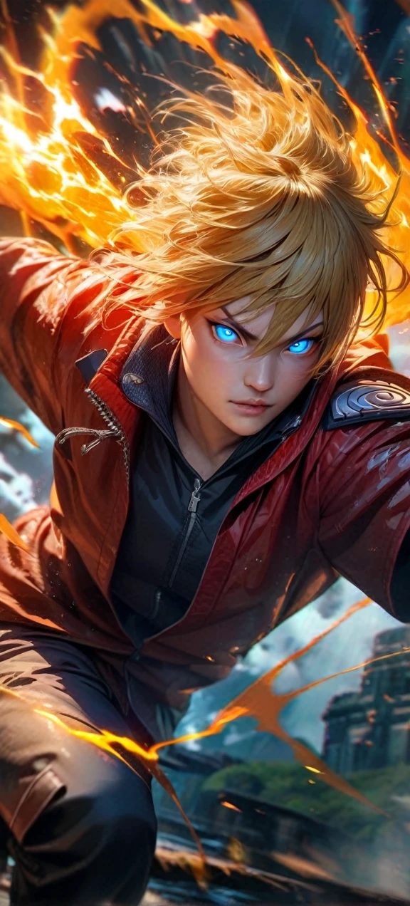 High quality, ultra realistic,absurdres, highres, ultra detailed, HDR, masterpiece, extremely detailed face and eyes, Naruto kurama mode , naruto,, yellow hair , , solo, ,man, handsome, ,white eyeleshes, blue eyes , Epic fight scene, orange splashing effect,orange lightning effect,glowing glitters ,