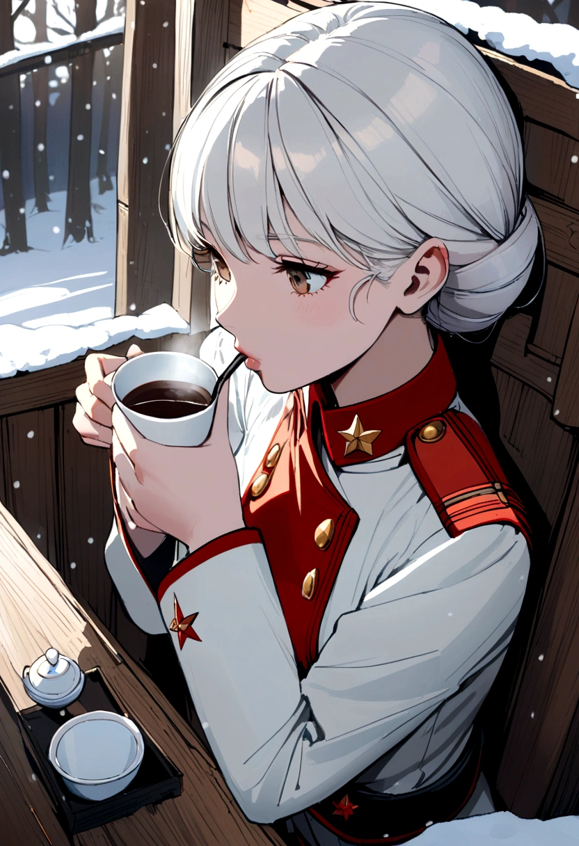 White-haired girl in Soviet uniform in a snowy trench drinking coffee