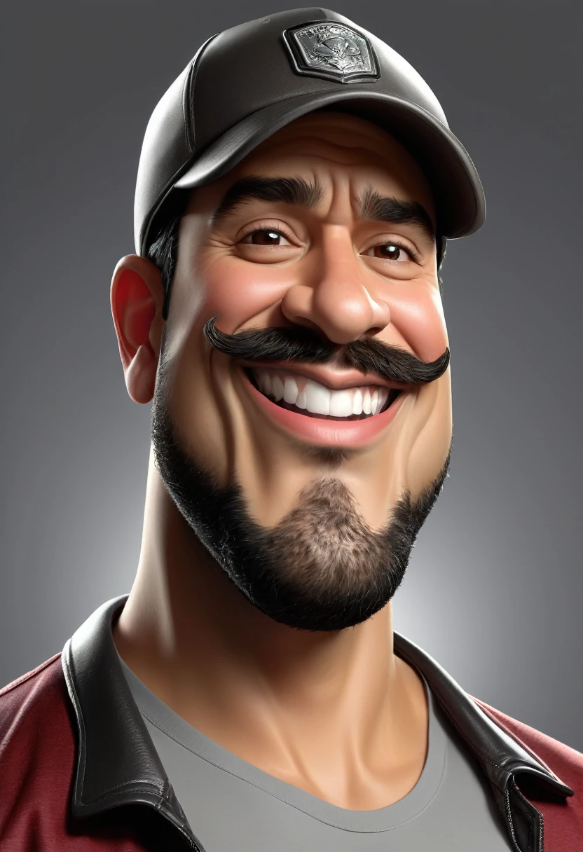 make a caricatura image, macho, fundo cinza, with sufficient lighting, caricatura, 3D, Qualidade de imagem 8D, with a cap