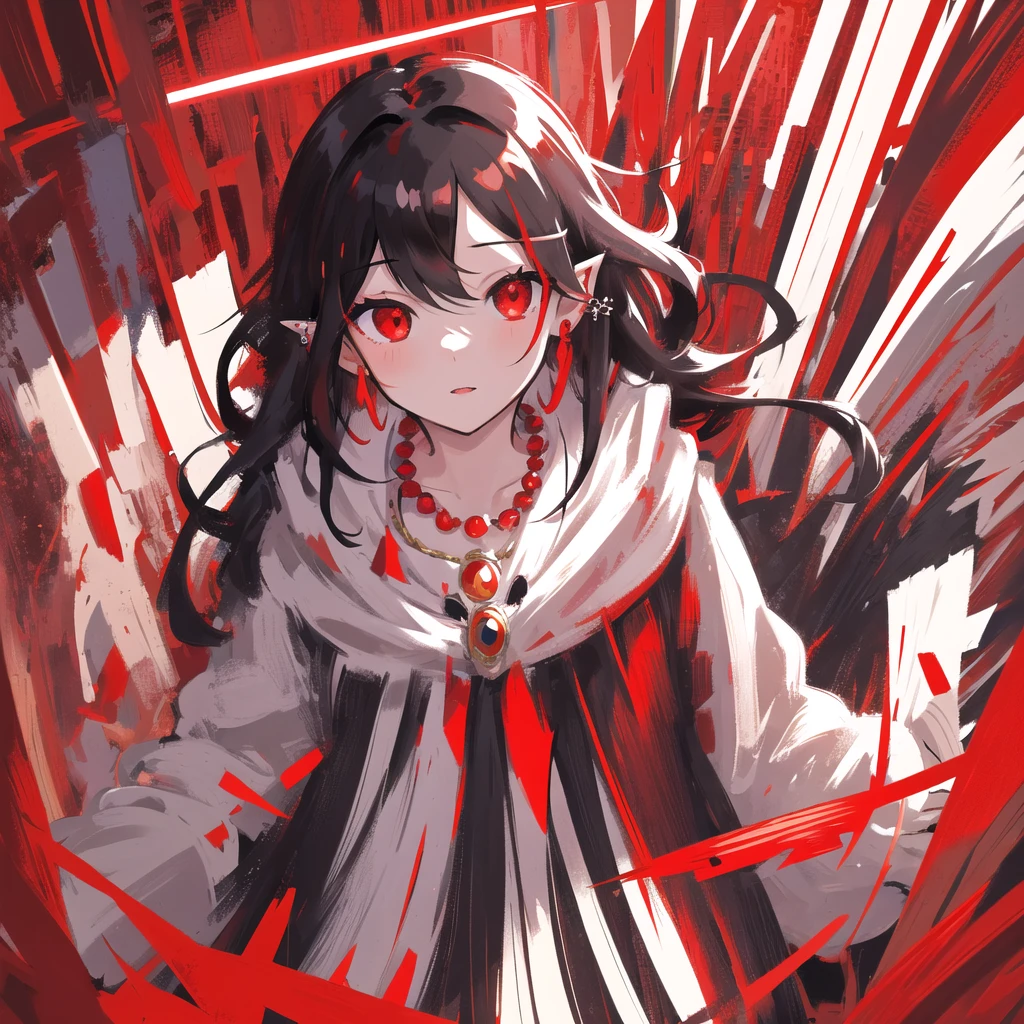 detailed,best quality,masterpiece,illustration,wallpaper, 1girl, black hair, red eyes, long, black, wavy hair, with red highlights, red eyes, ear piercing, necklace, light particles, light high contrast, colorful