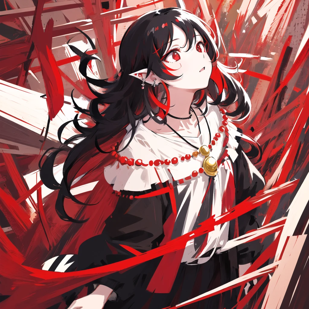 detailed,best quality,masterpiece,illustration,wallpaper, 1girl, black hair, red eyes, long, black, wavy hair, with red highlights, red eyes, ear piercing, necklace, light particles, light high contrast, colorful