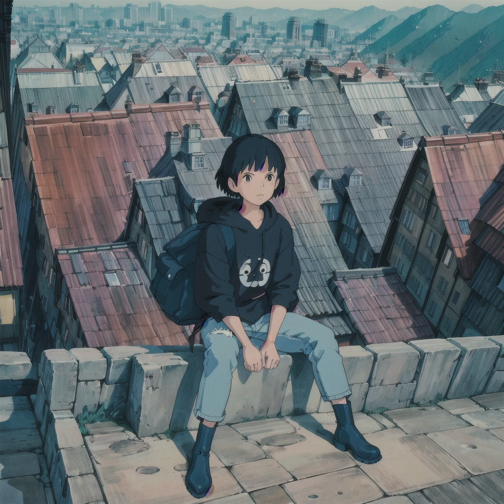 ghibli style, san \(mononoke hime\),
1boy,Black sweatshirt, with a backpack, on your back, looking at the horizon, during the day, magical world, modern,Background cities, jeans, boots, short hair with blue gradient, Sitting in a building,With your back to the viewer, large city with some large buildings 