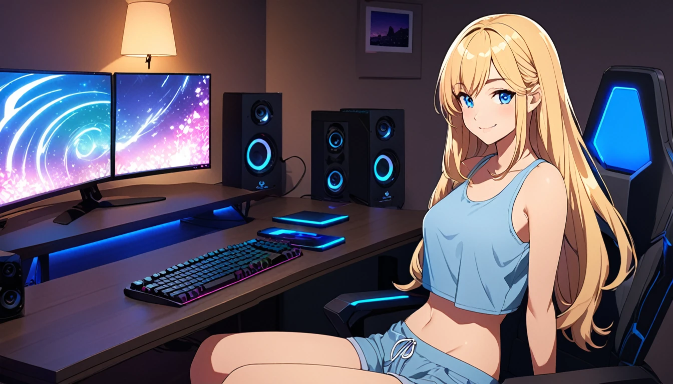 Create a high-quality, detailed image of a beautiful, sexy anime lofi girl with long blonde hair, bright blue eyes, and a smile, sitting at her gaming PC in a cozy lounge. She wears a tank top and shorts, showing her shoulder and midriff, highlighting her stunning curves and toned body. The warm, inviting scene includes soft ambient lighting, comfortable seating, and a high-end PC setup with multiple monitors and RGB lighting. The setting is illuminated by a small lamp, creating a serene and intimate atmosphere