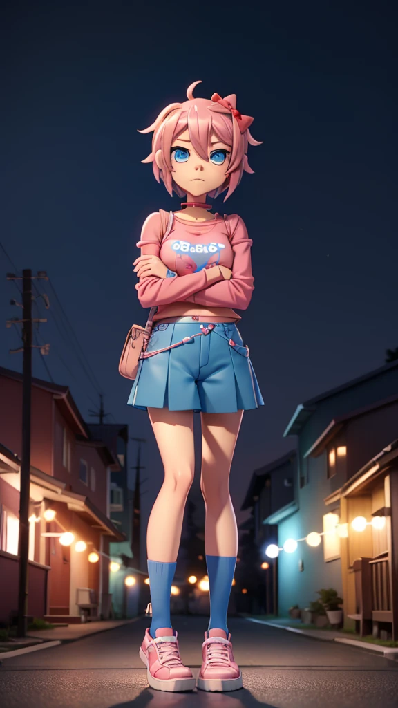 Character: sayori from ddlc. Appearance: Blue eyes, short coral pink hair, average medium body, blue eyes, serious expression. Clothing: pink shirt, red bow in hair, blue shorts, white shoes with blue tips. Environment: at night, trees, street, lighting by a normal light headlamp. Animation style: gorillaz.