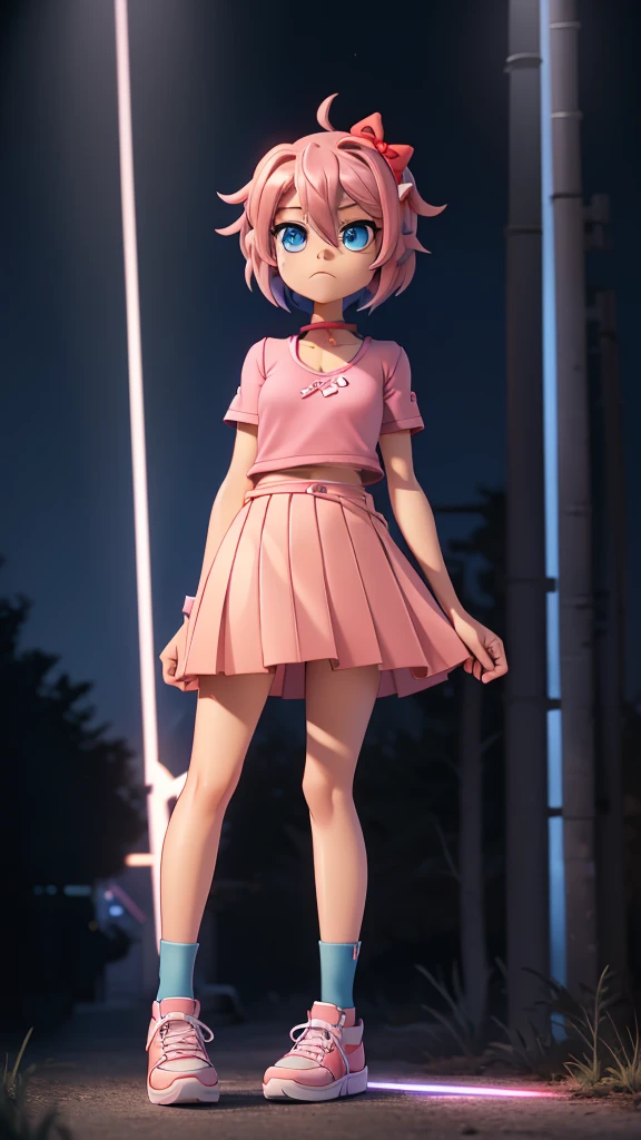 Character: sayori from ddlc. Appearance: Blue eyes, short coral pink hair, average medium body, blue eyes, serious expression. Clothing: pink shirt, red bow in hair, blue shorts, white shoes with blue tips. Environment: at night, trees, street, lighting by a normal light headlamp. Animation style: gorillaz.