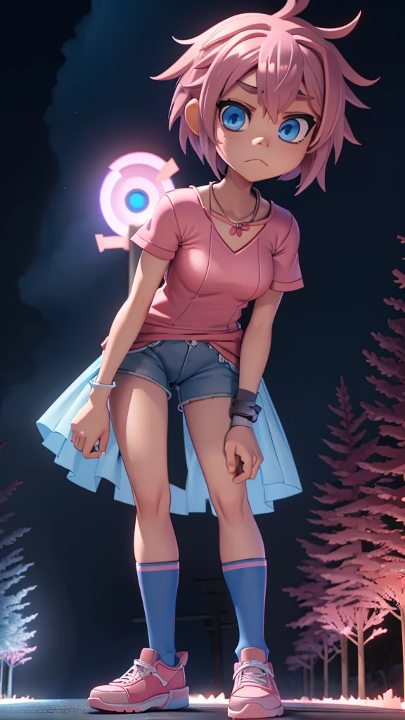 Character: sayori from ddlc. Appearance: Blue eyes, short coral pink hair, average medium body, blue eyes, serious expression. Clothing: pink shirt, red bow in hair, blue shorts, white shoes with blue tips. Environment: at night, trees, street, lighting by a normal light headlamp. Animation style: gorillaz.