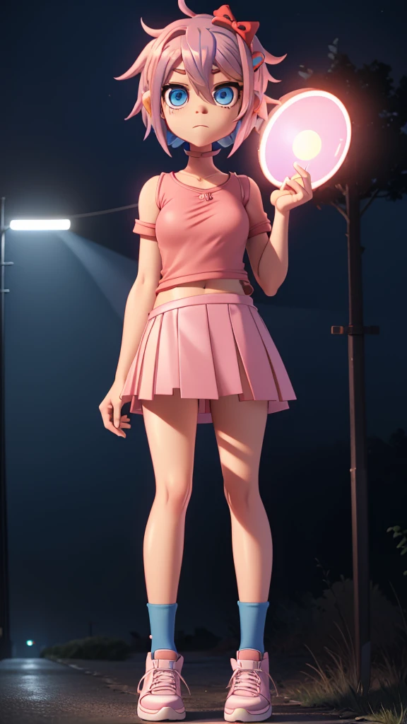 Character: sayori from ddlc. Appearance: Blue eyes, short coral pink hair, average medium body, blue eyes, serious expression. Clothing: pink shirt, red bow in hair, blue shorts, white shoes with blue tips. Environment: at night, trees, street, lighting by a normal light headlamp. Animation style: gorillaz.