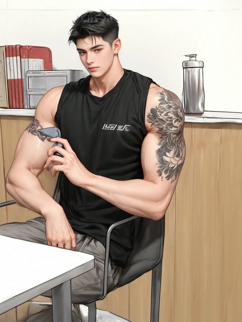 masterpiece, 1boy, adults, handsome, black hair, undercut hair, perfect face, detailed eyes and face, black eyes, clean shaved, muscular, capturing a rural atmosphere, dynamic lighting, unreal engine 5,