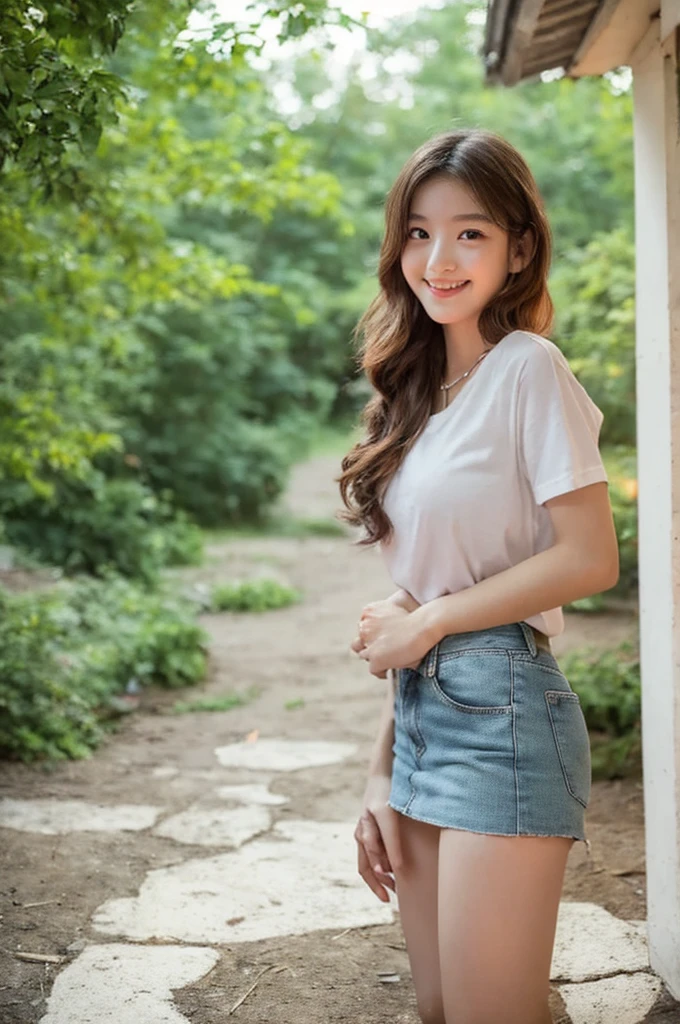 Under the eaves of a building, college freshman, ((full body)), ((photo)), ((best qualtiy, 8K, tmasterpiece:1.3)), Focus:1.2, perfect figure beautiful girl:1.4, 1girl, cowboy shot, look at viewer, incredibly absurd, beautiful and cute girl with a photorealistic face, showcasing top-quality craftsmanship, Japanese girl taking shelter from the rain under the eaves, 16 years old, short hair, wavy and shiny hair, crimson hair, big eyes, long eyelashes, smiling face, white teeth, round face, small nose, smooth skin, fair skin, slim, 155cm tall, thin limbs, red lips, pink cheeks, lively expression, , delicate, well-balanced proportions, slim, 155cm tall, thin limbs, small A-cup breasts, white blouse, denim miniskirt, loafers, silver necklace, bracelet, beautiful girl, younger sister attribute, active, sociable, cheerful, optimistic, brave, curious, September