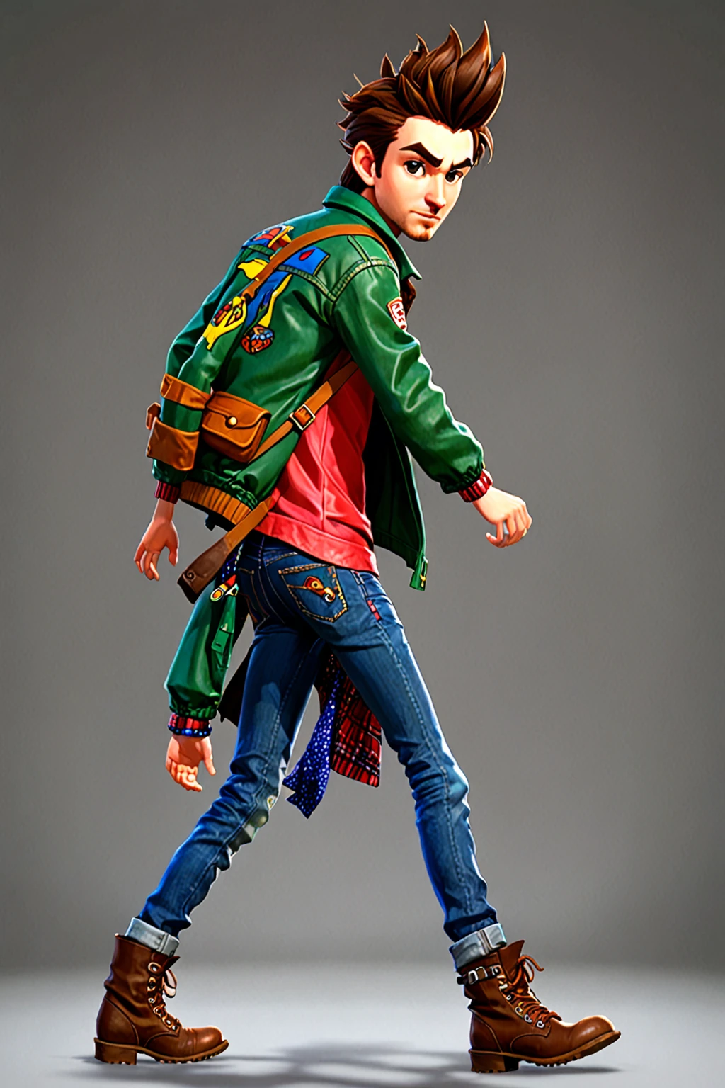 a 3D sprite image of a character. The character is a man with brown hair in a wild, unkempt style. He is dressed in eccentric, colorful clothes with a rugged and adventurous look: a deep green jacket with torn edges, a bright red shirt underneath, patched blue jeans, and brown leather boots. The character's expression is determined and focused. The background is plain, focusing on the character.