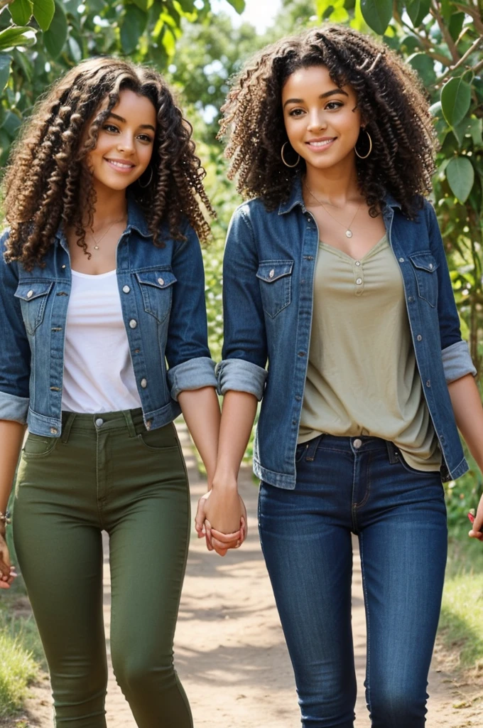 Hazme 3 aguacates con piernas, holding hands 2 avocados will have long curly hair 3b and one will have short curly hair 3a