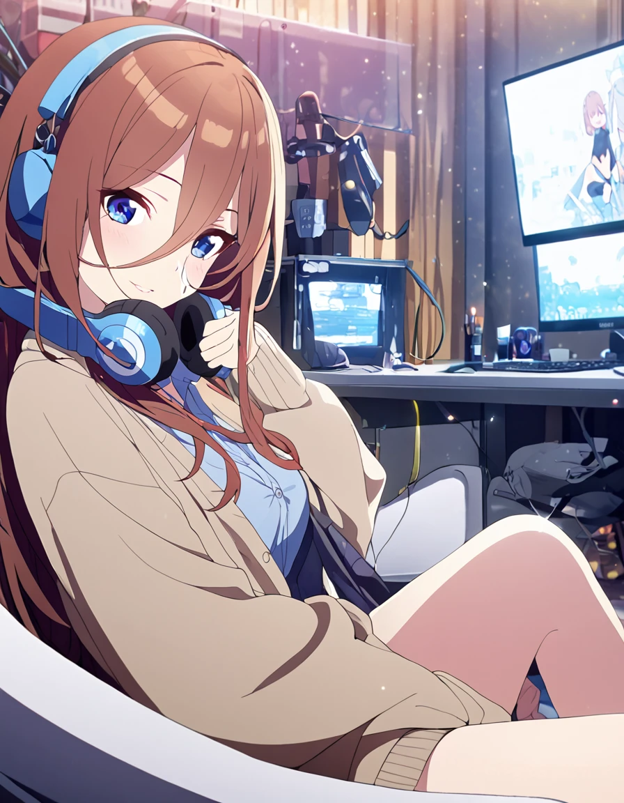 (A girl lounging in her bedroom), (a PC monitor turned on, a gaming chair), (a cluttered room), (fetal position), (perfect face), Sparkling, (masterpiece, best quality), (absurdres absolutely resolution), (8k), (detailed illustration), (super fine illustration), (professional lighting), (vivid color), detailed beatiful face, detailed beatiful eyes, detailed beatiful hair, perfect body, perfect hands, dynamic pose, dutch angle}, , looking at viewer, miku nakano, long hair, bangs, blue eyes, brown hair, shirt, hair between eyes, cardigan, headphones around neck, mature female, medium breasts.