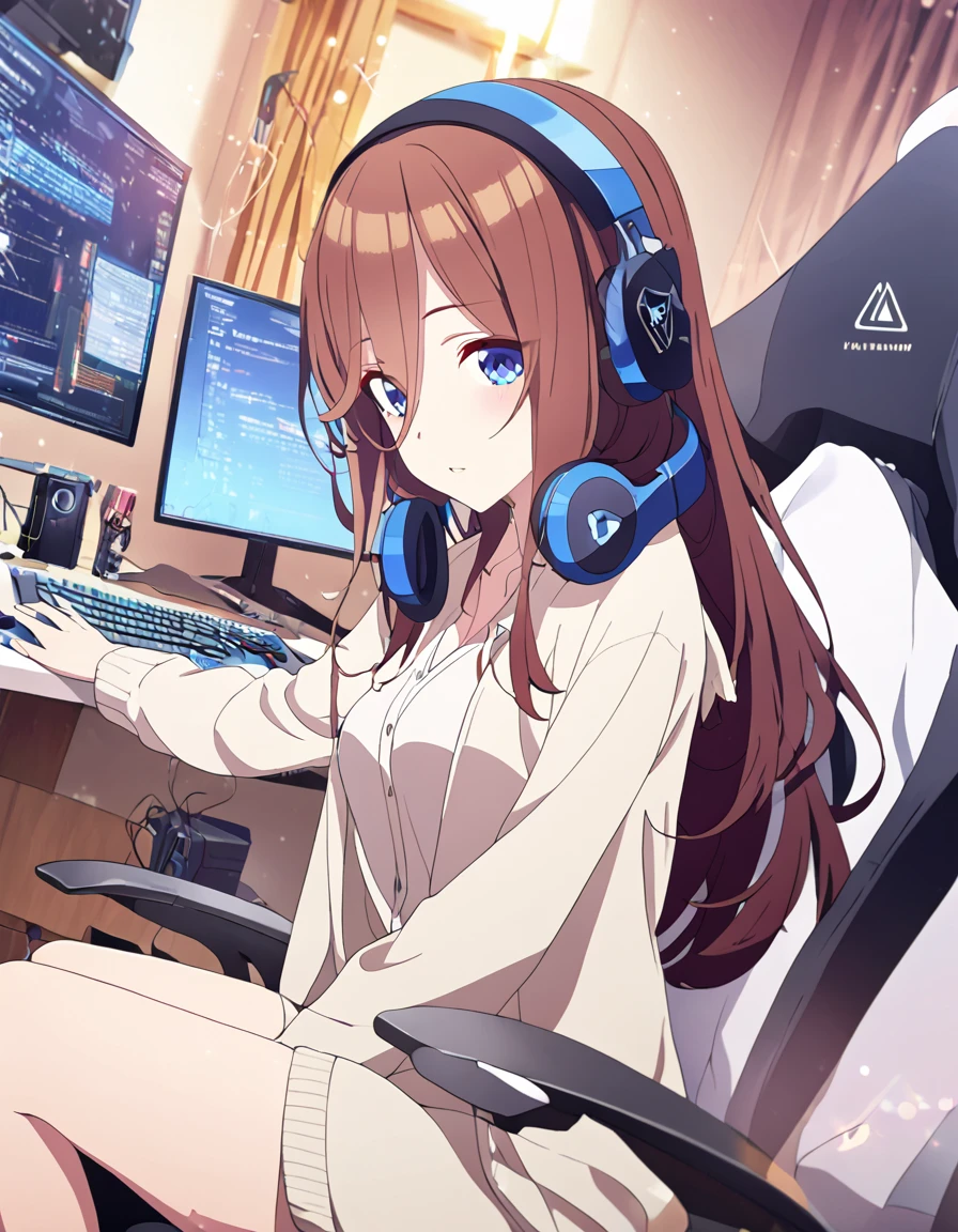 (A girl lounging in her bedroom), (a PC monitor turned on, a gaming chair), (a cluttered room), (fetal position), (perfect face), Sparkling, (masterpiece, best quality), (absurdres absolutely resolution), (8k), (detailed illustration), (super fine illustration), (professional lighting), (vivid color), detailed beatiful face, detailed beatiful eyes, detailed beatiful hair, perfect body, perfect hands, dynamic pose, dutch angle}, , looking at viewer, miku nakano, long hair, bangs, blue eyes, brown hair, shirt, hair between eyes, cardigan, headphones around neck, mature female, medium breasts.