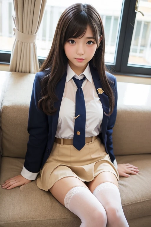 japanese, solo, huge breasts, light brown hair, embarrassed, dynamic angle, high res, (photo realistic:1.2), (highly detailed:1.1), (micro-skirt) ,(classical school uniform:1.3),Cardigan, (in classroom:1.1), (((spread legs))),white panties, detail brassiere, delicate background, bokeh, professional lighting, physically-based rendering,