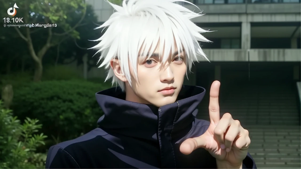 "The 20-year-old Goku is a true masterpiece of male beauty, perfect anatomy. He wore a martial arts suit. When looking into beautiful eyes, with a sensual gaze, attracts the opposite His eyes are on the viewer you can clearly see every little detail and perfect lines, beautiful leather details in 8K quality, one is attracted by the confidence radiating from each look. His head is framed with white hair, and his face is drawn with meticulous details in 8K quality images. He's wearing a tattered white outfit from combat, which adds to his overall confidence."