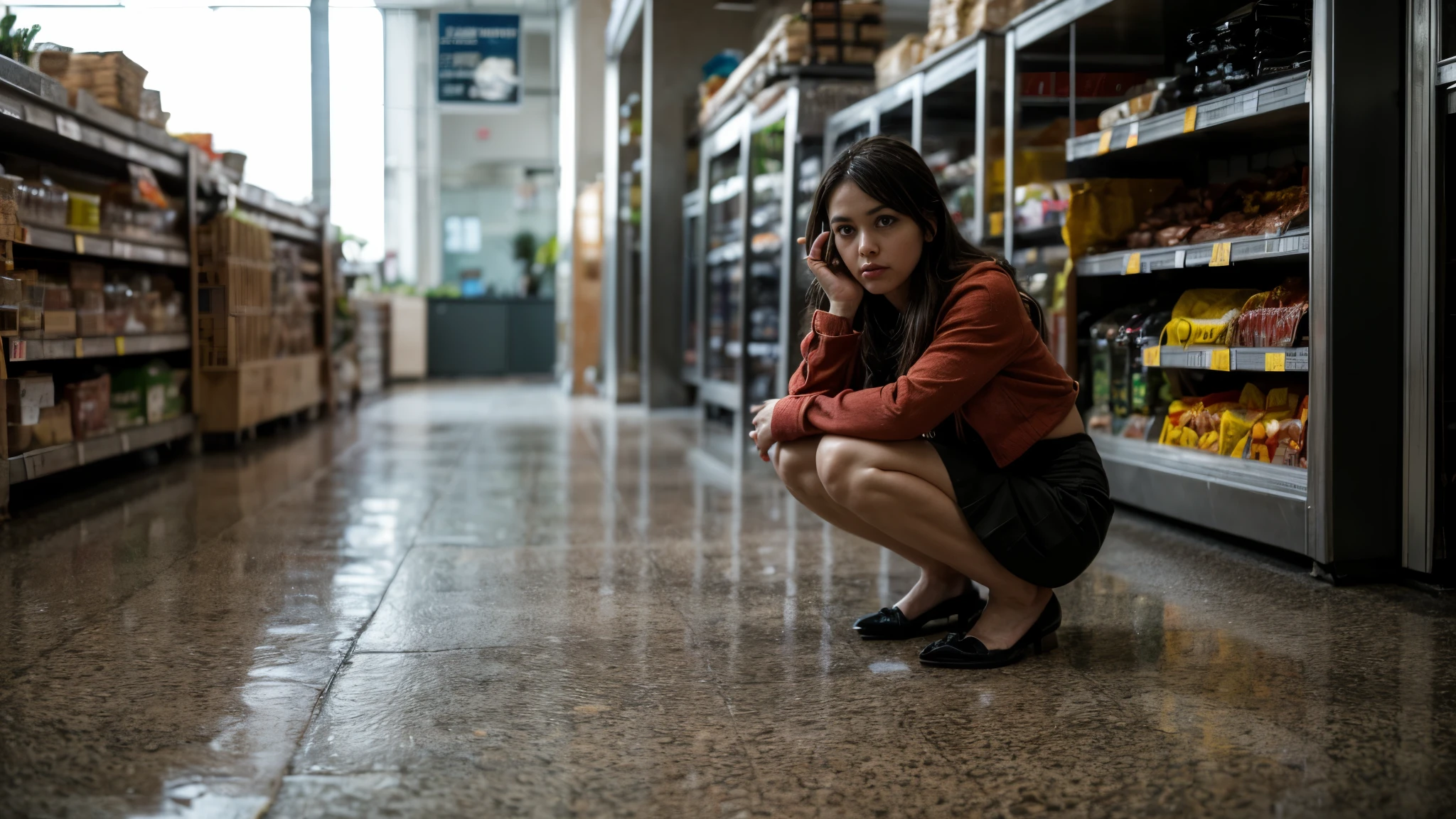 (YES SFW), A dressed girl desperately needs to relieve herself、(she wears a veil and a rag, a sheet around her waist, a shawl on her shoulders), (Correct anatomy of the fingers)、（Draw hands and feet separately)、very beautiful、Ideal proportions、small breasts、Very stylish、barefoot、(Food section of a supermarket:1.37)、(Squat with your legs wide apart:1.37), skirt on knees、(Place your hands on your knees and skirt)、(Anguished expression:1.4)、looking at the camera、Photographed from the front、Close-up、highest quality、Super detailed、Real、Beautiful proportions、Vibrant colors、Sharp focus、Tense atmosphere、Classical composition、art、Striking details、Artistic subtleties、Harmonious color palette、Sublime Beauty、Aesthetic perfection、Captivating eyes、Pure brilliance、Impeccable Features、Dreamy atmosphere、Sophisticated style、Timeless elegance、Finishing the masterpiece、Exquisite craftsmanship、Meticulous attention to detail、Sublime proportions、Artistic excellence、living work of art、Otherworldly charm、Fairytale-like setting、Unforgettable gaze、Majestic presence、natural breasts, Smoke and clouds roil around her, adding to the sense of epic scale and drama. The lighting is dark, gloomy, and realistic, creating a tense and ominous atmosphere. The perspective is from below, emphasizing the sheer majesty and power of the girl. [The character is surrounded by mist, evoking a mysterious and eerie atmosphere. The lighting is dark and atmospheric, with a red smoke adding a touch of sinister ambiance. The image is of the best quality, with a resolution of 4k and HDR enhancement, showcasing the utmost level of detail and realism, sfw, full body shot.]