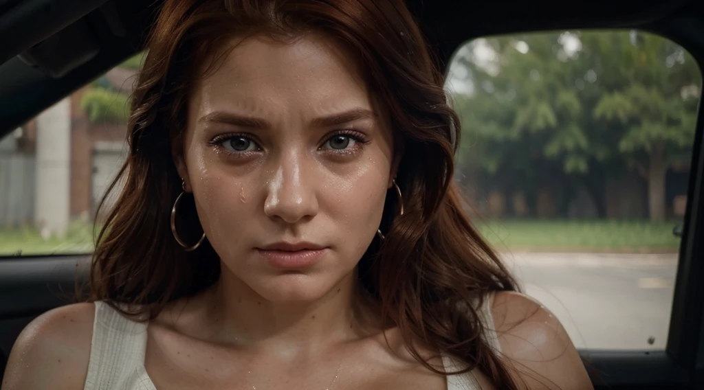 there is a redhead woman and earrings in a car, cinematic realistic portrait, soft portrait photographed in 8k, hyperrealistic art style, 8k portrait rendering, realistic face moody lighting, ultra realistic portrait, she is looking straight ahead and tears are crying on her facephotorealistic art style, realistic digital painting, ultra detailed portrait, realistic digital hyperpainting, hyperrealistic cg, ultra realistic digital painting, beautiful photorealistic face, She is looking straight ahead and tears are crying on her face, She is looking straight ahead and tears are crying on her face
