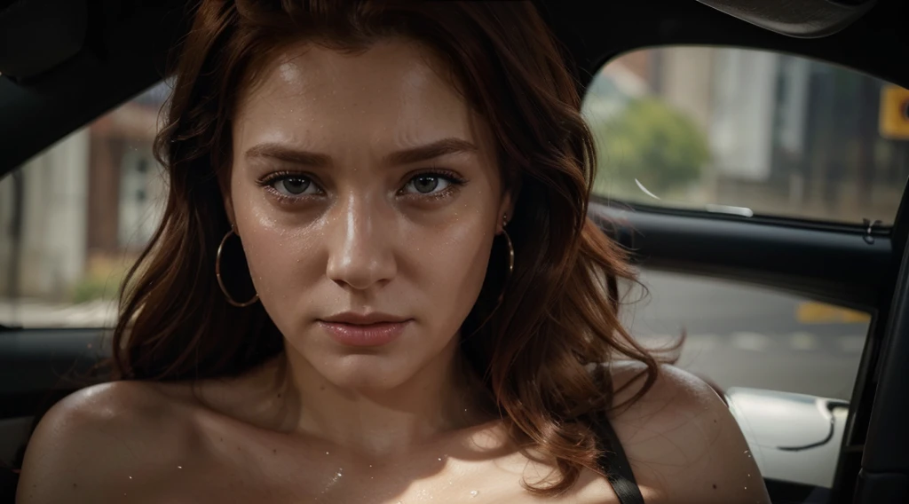 there is a redhead woman and earrings in a car, cinematic realistic portrait, soft portrait photographed in 8k, hyperrealistic art style, 8k portrait rendering, realistic face moody lighting, ultra realistic portrait, she is looking straight ahead and tears are crying on her facephotorealistic art style, realistic digital painting, ultra detailed portrait, realistic digital hyperpainting, hyperrealistic cg, ultra realistic digital painting, beautiful photorealistic face, She is looking straight ahead and tears are crying on her face, She is looking straight ahead and tears are crying on her face