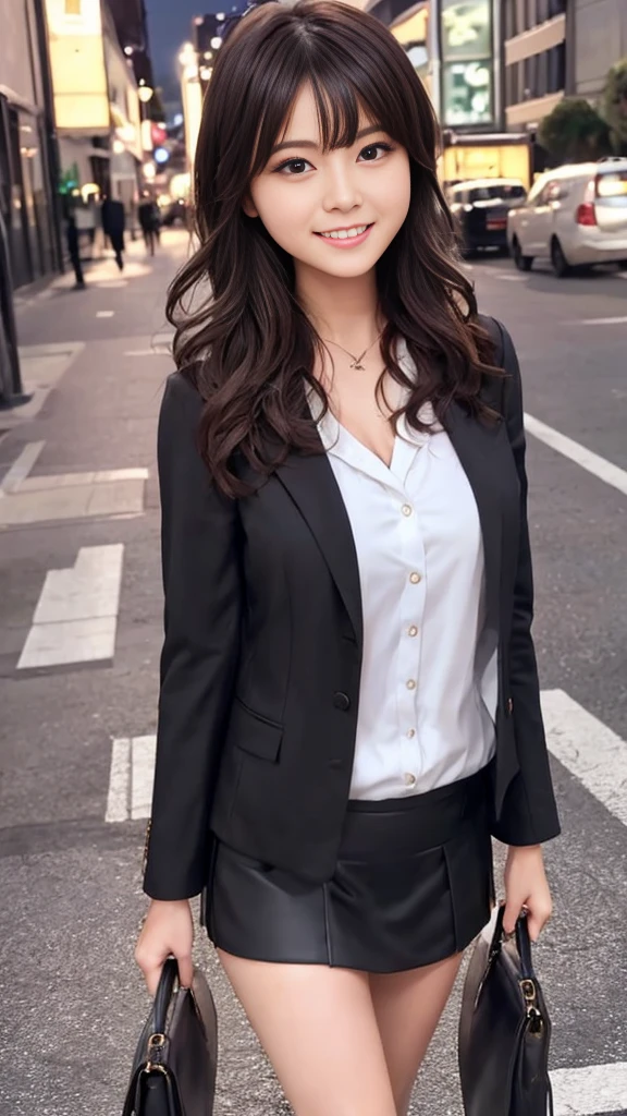 A beautiful woman wearing a deep V-neck shirt under a jacket, paired with a suit mini skirt, walking through a night cityscape with the best smile on her face. Detailed and intricate features, high-quality (luxury:1.4), ultra-realistic 8K, perfect face, flawless, clean, masterpiece, professional artwork, famous work, beautiful expression, beautiful eyes, short black hair, shiny clothes, model pose, ultra-realistic 4K, highest image quality.

