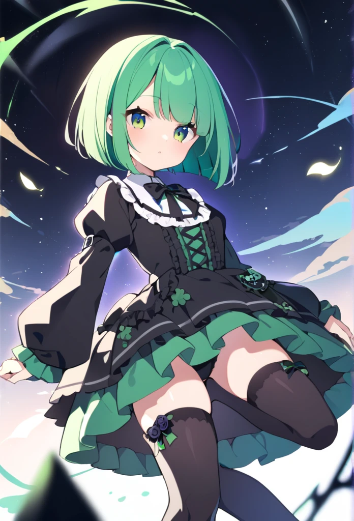 1 girl, cute, young, green hair, bob haircut, green eyes, gothic lolita, thigh high,