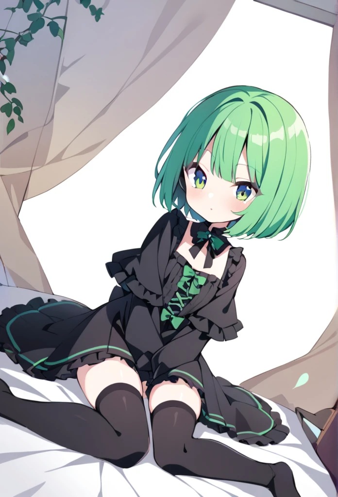 1 girl, cute, young, green hair, bob haircut, green eyes, gothic ta, thigh high,