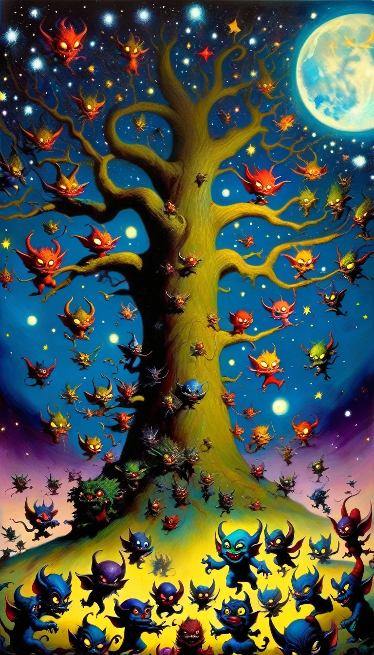 large tree rising to the heavens, impressive landscape, funny little demons inhabit the tree, fantastic, night sky, moon, stars, background, (many demons have fun, play and fight) (art inspired by Skottie Young and Bill Sienkiewicz) . oil painting)