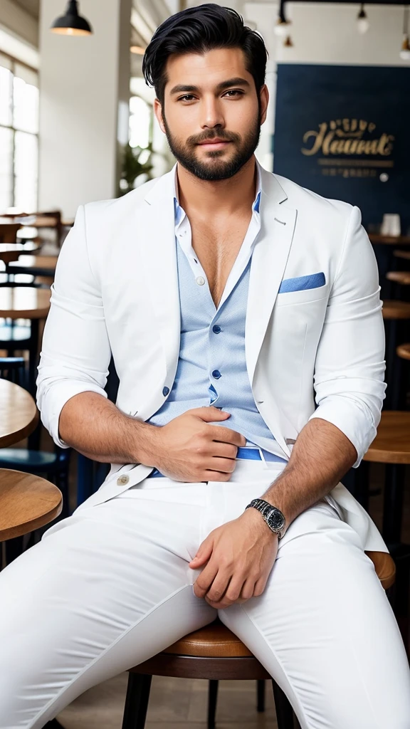 A handsome and sexy man wearing a casual white short and blue suit,and formal pant, , he has gorgeous face,and stylish black hair, and short beard, he is sitting in a cafe, homoerotic, nsfw ,open legs, alluring pose,pussy