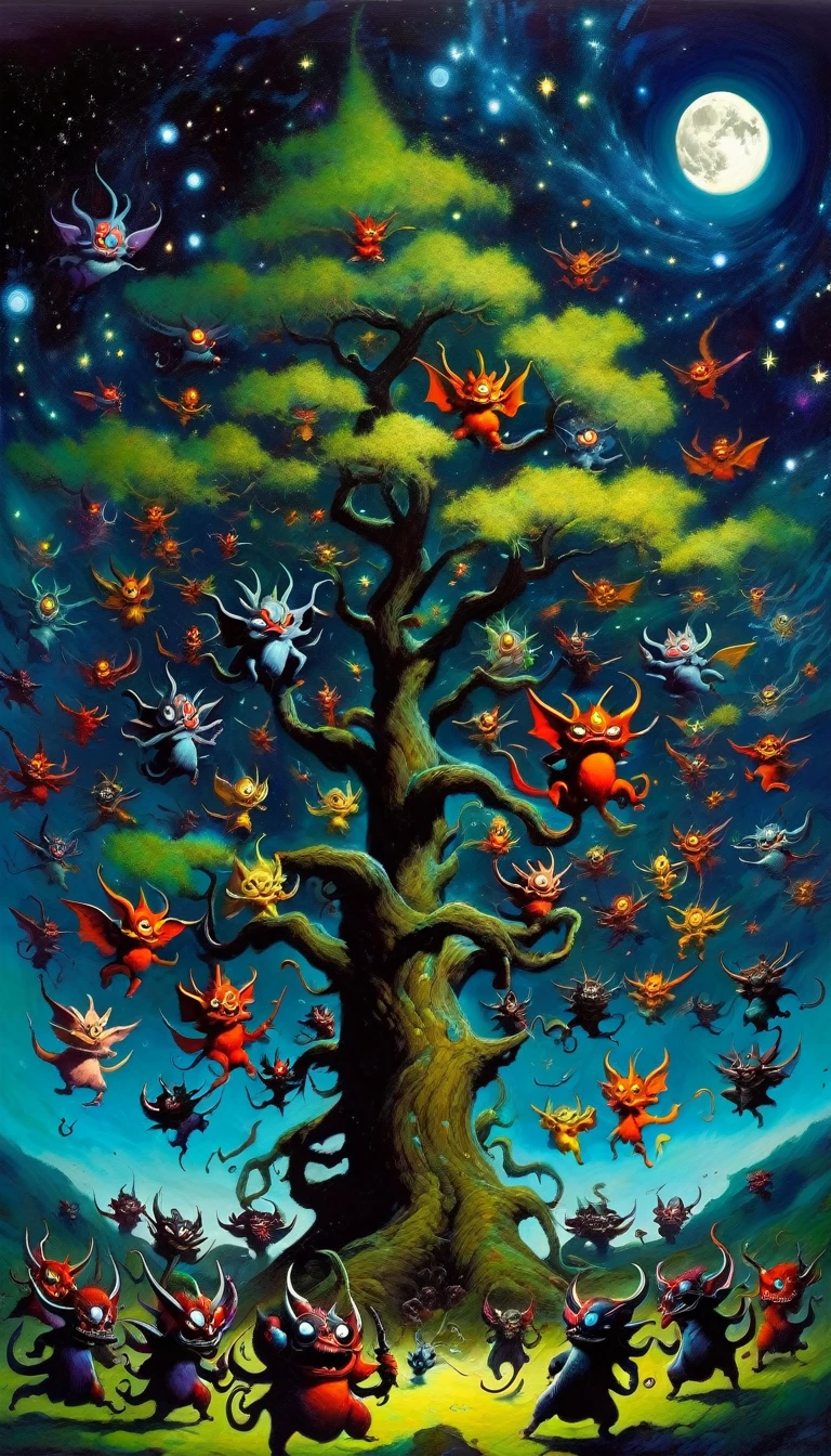 large tree rising to the heavens, impressive landscape, funny little demons inhabit the tree, fantastic, night sky, moon, stars, background, (many demons have fun, play and fight) (art inspired by Skottie Young and Bill Sienkiewicz) . oil painting)