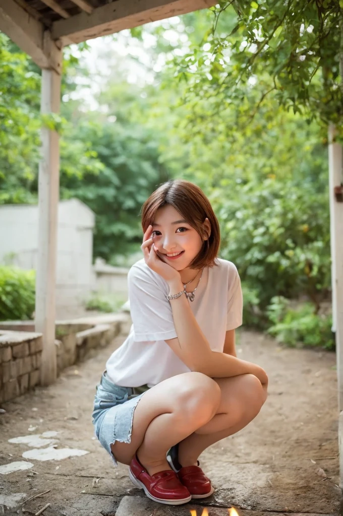 Under the eaves of a building, college freshman, ((full body)), ((photo)), ((best qualtiy, 8K, tmasterpiece:1.3)), Focus:1.2, perfect figure beautiful girl:1.4, 1girl, cowboy shot, look at viewer, incredibly absurd, beautiful and cute girl with a photorealistic face, showcasing top-quality craftsmanship, Japanese girl taking shelter from the rain under the eaves, , short hair, wavy and shiny hair, crimson hair, big eyes, long eyelashes, smiling face, white teeth, round face, small nose, smooth skin, fair skin, slim, 155cm tall, thin limbs, red lips, pink cheeks, lively expression, , delicate, well-balanced proportions, slim, 155cm tall, thin limbs, small A-cup breasts, white blouse, denim miniskirt, loafers, silver necklace, bracelet, beautiful girl, younger sister attribute, active, sociable, cheerful, optimistic, brave, curious, September