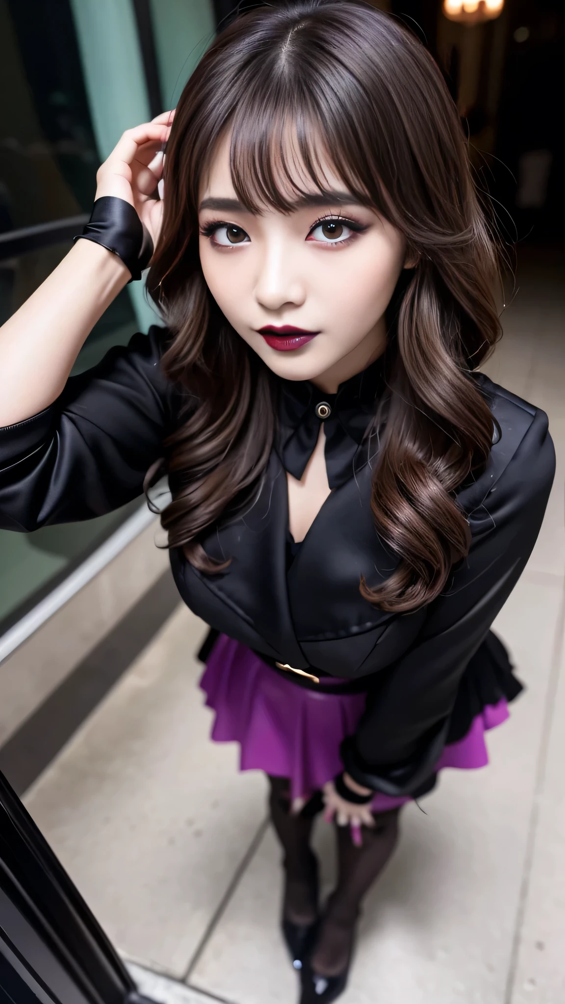 best quality、ultra-detailed、8k、Japanese、Japanese、Seductive beauty、seductive adult woman、Pretty Woman、cool girl、smirk、Wicked Smile、Villainess、brainwash makeup、Brainwashed、brainwash、Fallen into evil、Evil look、evil、Brown hair、wavy hair、swept bangs、dark makeup、piercing eyes、hollow eyes,half-closed eyes、Hollow Eyes、purple Eyeshadow、black lipstick、black lipglos、black elegant dress、wide sleeve、Black flared skirt、skin color pantyhose、stockings、night、inside darkroom、hand hold pantyhose、Are standing、Look、Offer、shoot from below、Swear allegiance、I have pledged my allegiance、
