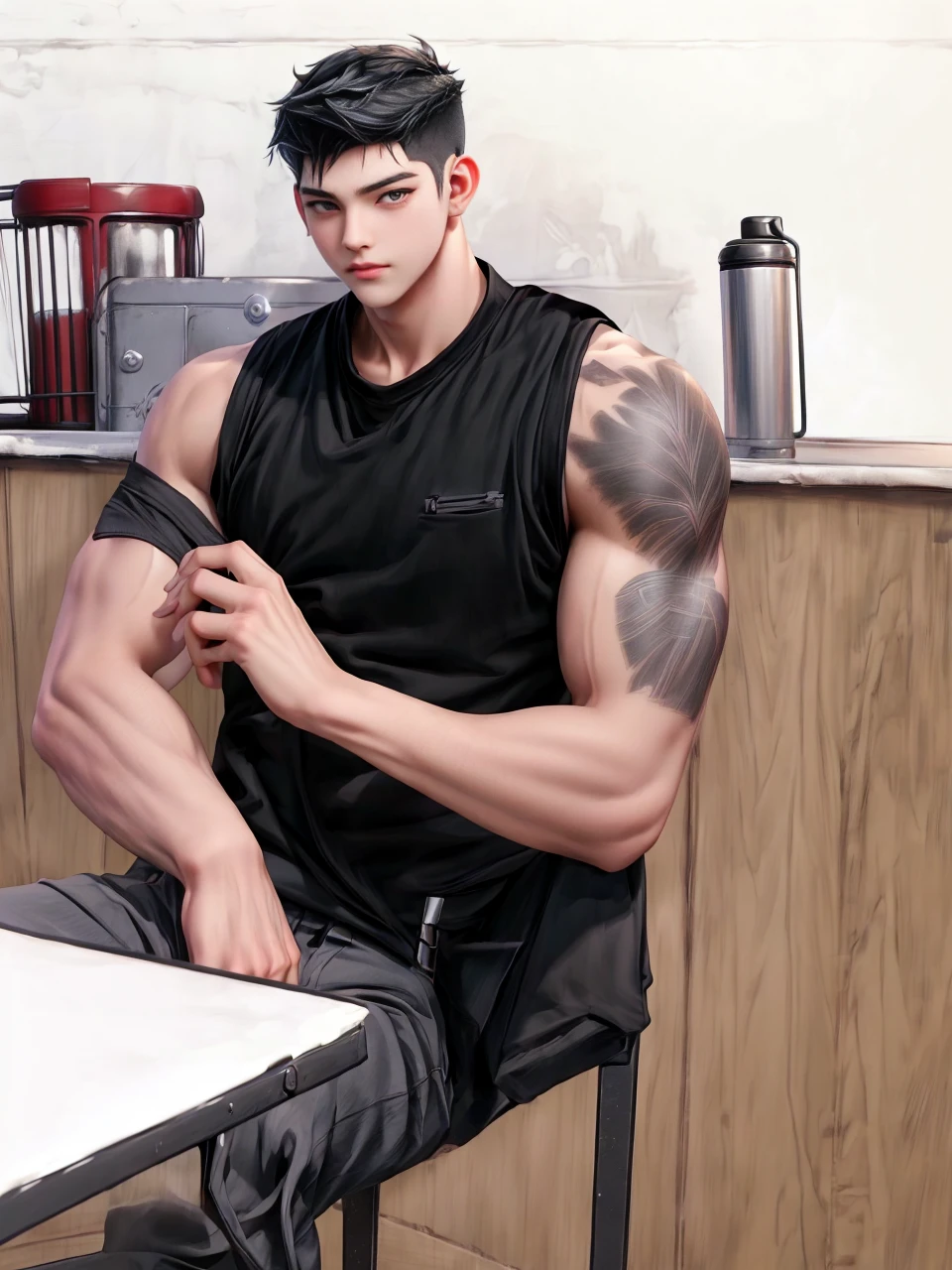 masterpiece, 1boy, adults, handsome, black hair, undercut hair, perfect face, detailed eyes and face, black eyes, clean shaved, muscular, capturing a rural atmosphere, dynamic lighting, unreal engine 5,