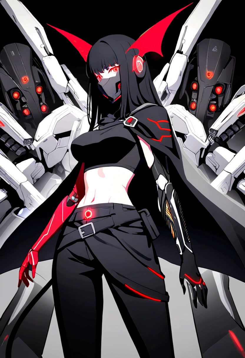 Long black hair woman, red eyes, cybernetic facemask with red LEDs, small wings attached to the back of the facemask, fully cybernetic right arm, normal left arm, having a black long shoulder cape on the right arm, wearing a black crop top covering medium sized breasts, and long black pants with boots, having a lightly loose belt. Facing towards the camera and standing still, singular woman