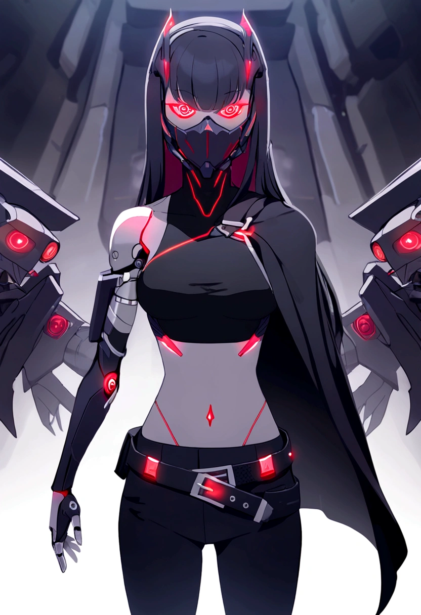 Long black hair woman, red eyes, cybernetic facemask with red LEDs, small wings attached to the back of the facemask, fully cybernetic right arm, normal left arm, having a black long shoulder cape on the right arm, wearing a black crop top covering medium sized breasts, and long black pants with boots, having a lightly loose belt. Facing towards the camera and standing still, singular woman