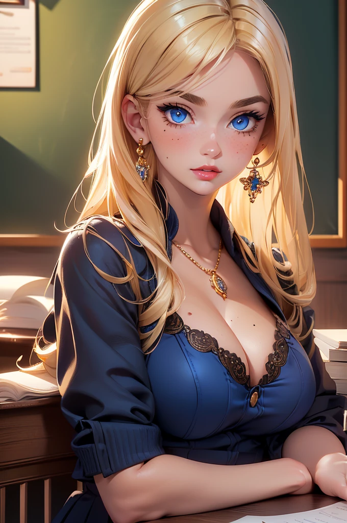 (Blonde stunning hair), (blue eyes), blue necklace, Golden earrings, Fit, Gorgeous Body, gorgeous, real life view, brown eyebrows, (two moles over lip), detailed, big pupils, (23 years old), 1girl,solo, detailed face, complex skin, warm light, large breasts, wide thighs, round butt, 5 fingers, ((blushing)), ((detailed face, detailed eyes, best quality)), (masterpiece)),(bestquality),((ultra-detailed)), (beautiful detailed eyes), ((classroom background)),red lip, eyeshadow, (erotic), ((sexy)), cleavage, ((schoolgirl outfit)), white socks, ((full body shot)), sitting on desk