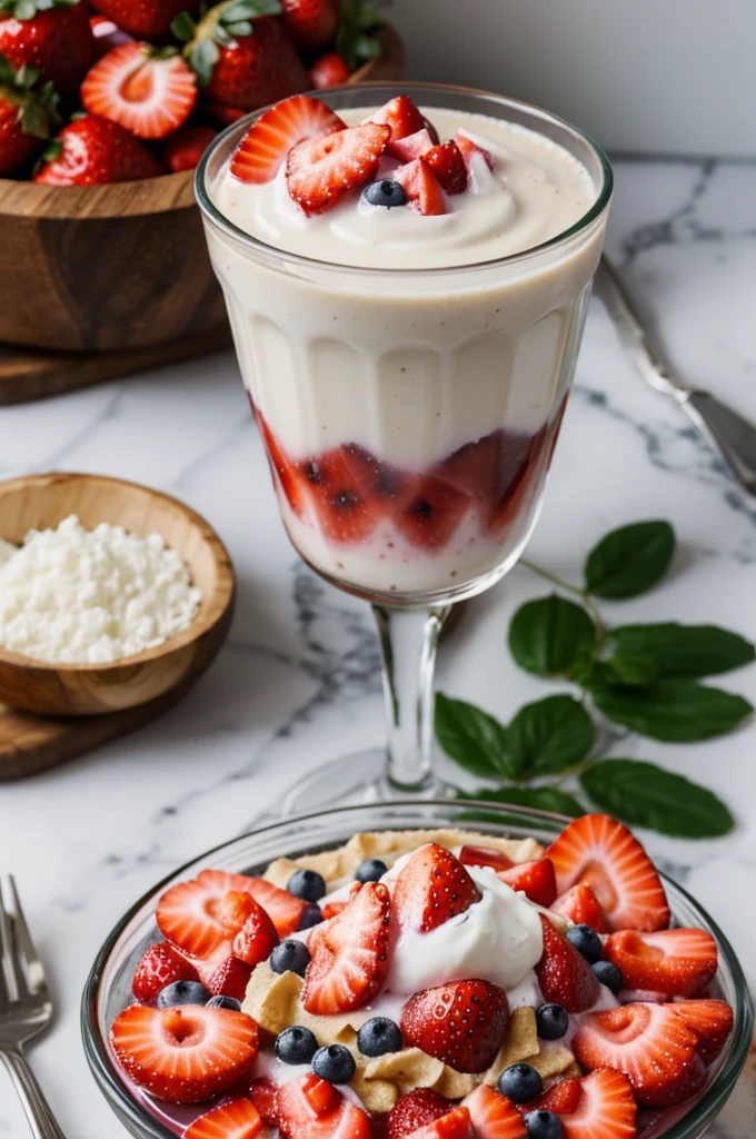 Un chorrito de leche con fresas sobre un fondo transparente 