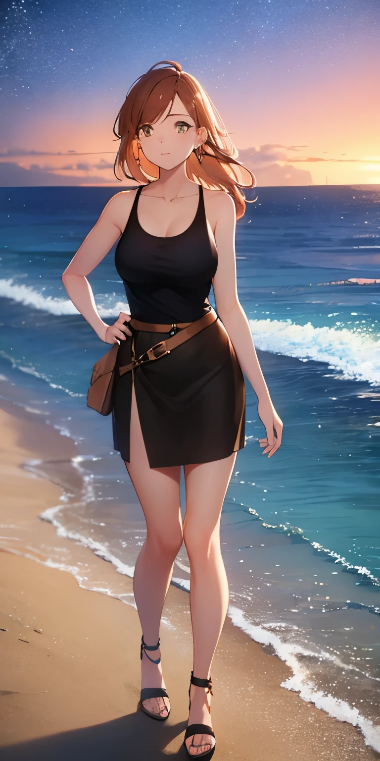 A young woman with light brown skin standing on a beach at night. She has shoulder-length orange hair and is wearing a black tank top with the word "Blaze" written on it, a black skirt with a brown belt, and carrying a brown shoulder bag. The background shows a calm ocean with gentle waves under a starry sky. The lighting highlights her natural features, making the scene look realistic. She has a curious expression on her face and is looking towards the viewer.
