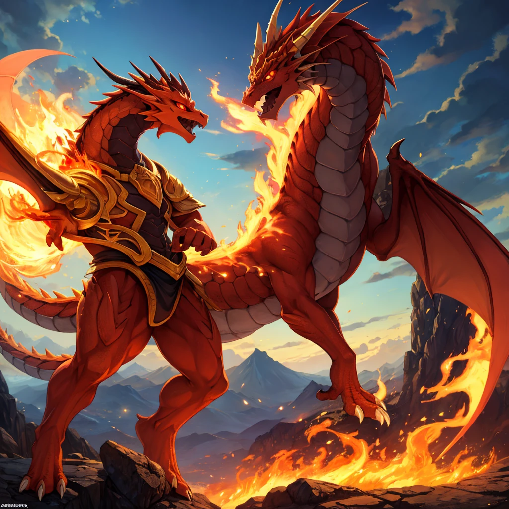No alto de uma montanha enevoada, the Fire Dragon stands imposingly, with its glistening scales and flaming eyes that seem to reflect the power of dormant volcanoes. Suas asas imensas, quando abertas, cover the sky like an impending storm, spreading intense heat that causes the surrounding vegetation to wither instantly. Com um rugido que reverbera pelas cavernas e vales, he declares his sovereignty over the territory, assustando qualquer criatura que ouse se aproximar. Your fire is not just destruction, but also the source of life for his followers, who see in the dragon a living god, venerando-o com oferendas e rituais ancestrais. Em seu covil, guardado por uma horda de tesouros brilhantes, ele repousa sobre montanhas de ouro, esmeraldas e rubis, accumulated over centuries of conquests. Lendas sussurram que, Beyond his brute force, the Fire Dragon has ancient knowledge, capaz de desvendar os segredos mais profundos do universo. This knowledge is protected by enigmas and challenges that only the bravest and most intelligent dare to face. Entre os povos das redondezas, Stories about heroes who tried to defeat or tame the dragon are told with reverence, but they all failed before the majesty and power of the Fire Dragon. He represents the pinnacle of strength and wisdom, uma criatura que transcende o tempo e a mortalidade, reminding everyone of human fragility in the face of the magnificence of indomitable nature. Every sunrise is a reminder of your presence, as the sky turns red, como se o mundo inteiro estivesse sob seu olhar vigilante.