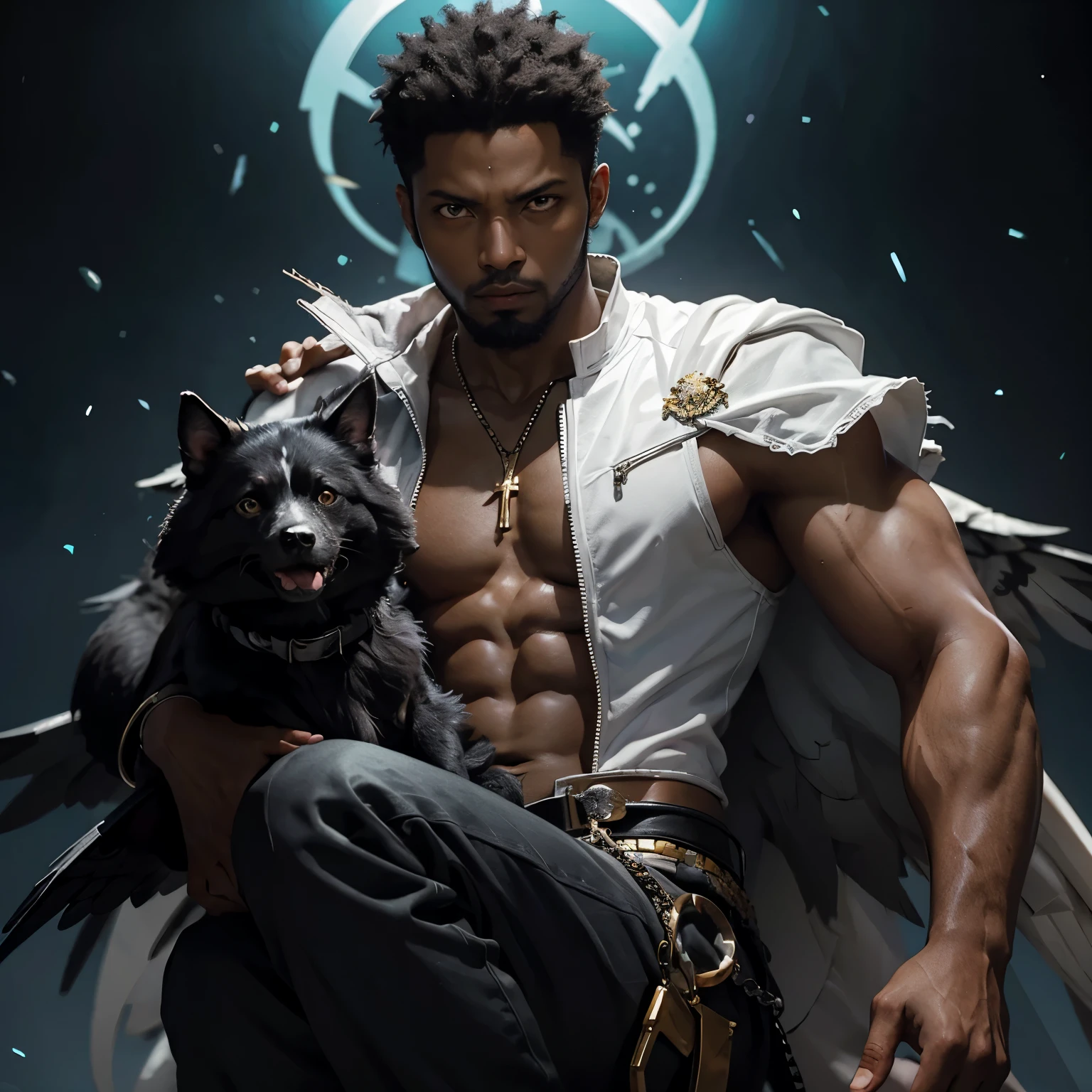 Black man with demon powers. Next to a dog with dark purple fur and a white and gold hawk