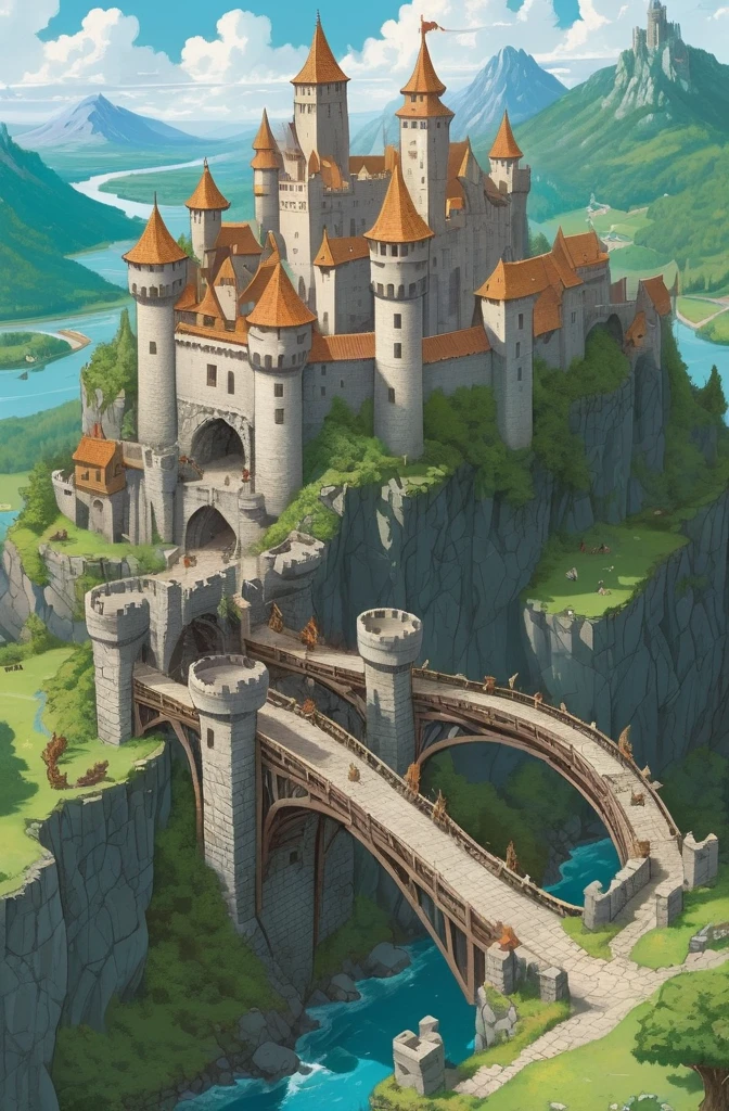 (((map of the fantastic continent with isometric view in section of the medieval castle, Cross-sectional view, labeled pieces, Detailed technical drawing, with fantastic creatures ))) stone walls with windows, fortified towers with wooden parts, mechanical bascule bridge, road to the castle, giant wooden gate, walls around the castle with crossbows, town around the castle (windows with detail, towers with detail, detailed bridge, ((giant castle)) vegetation, all one color, ((Dragon)) big map